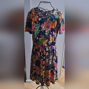 LuLaRoe Floral Short Sleeve Fit & Flare Dress in Navy with Pink, Yellow, Orange